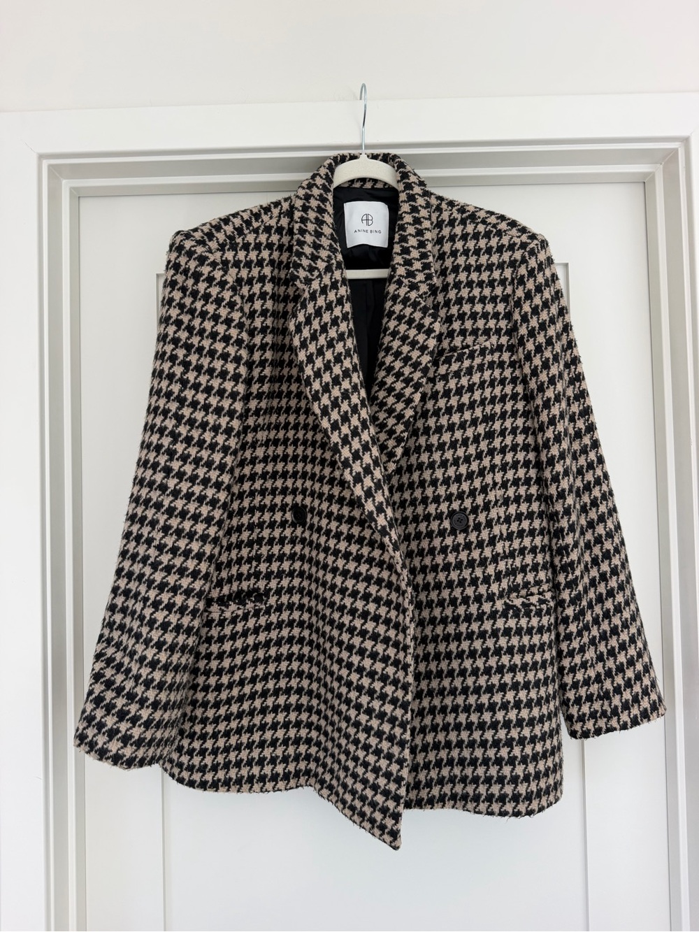 Anine Bing Black & Cream Houndstooth Double-Breasted Blazer